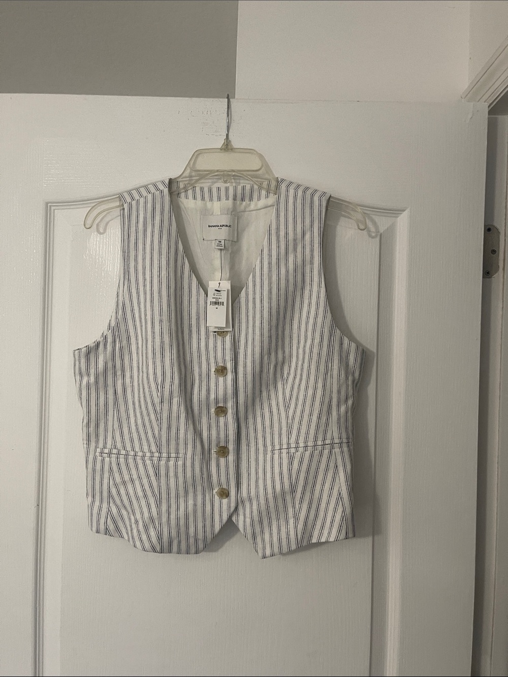 Banana Republic White Vest with Blue Pinstripes